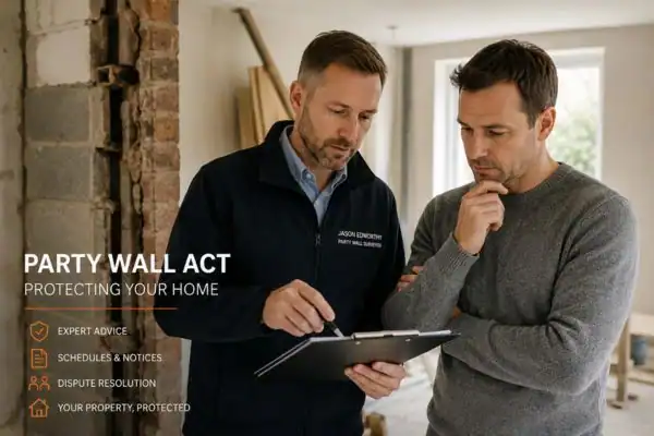 Party wall surveyor Melksham discussing extension plans with homeowner outside a UK semi-detached house.